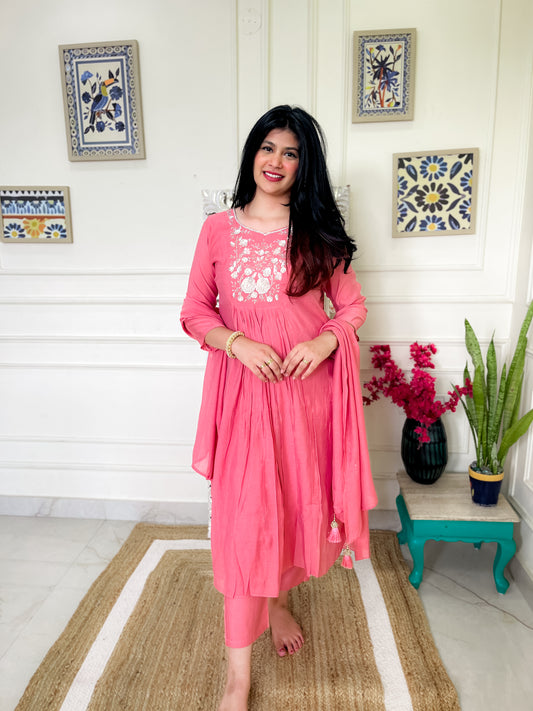 Semi Mul Chanderi Anarkali Suit set with hand embroidery- Peach