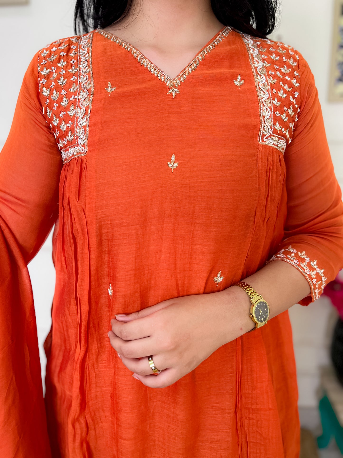 Pure Mul Chanderi gather Suit set with intricate hand embroidery- Orange