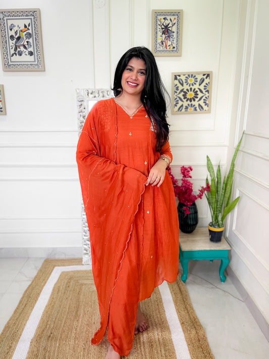 Pure Mul Chanderi gather Suit set with intricate hand embroidery- Orange