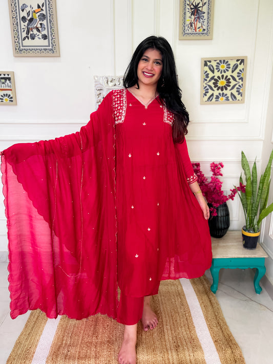 Pure Mul Chanderi gather Suit set with intricate hand embroidery- Red