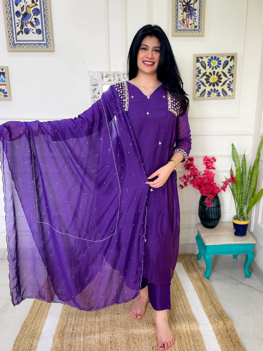 Pure Mul Chanderi gather Suit set with intricate hand embroidery- Purple