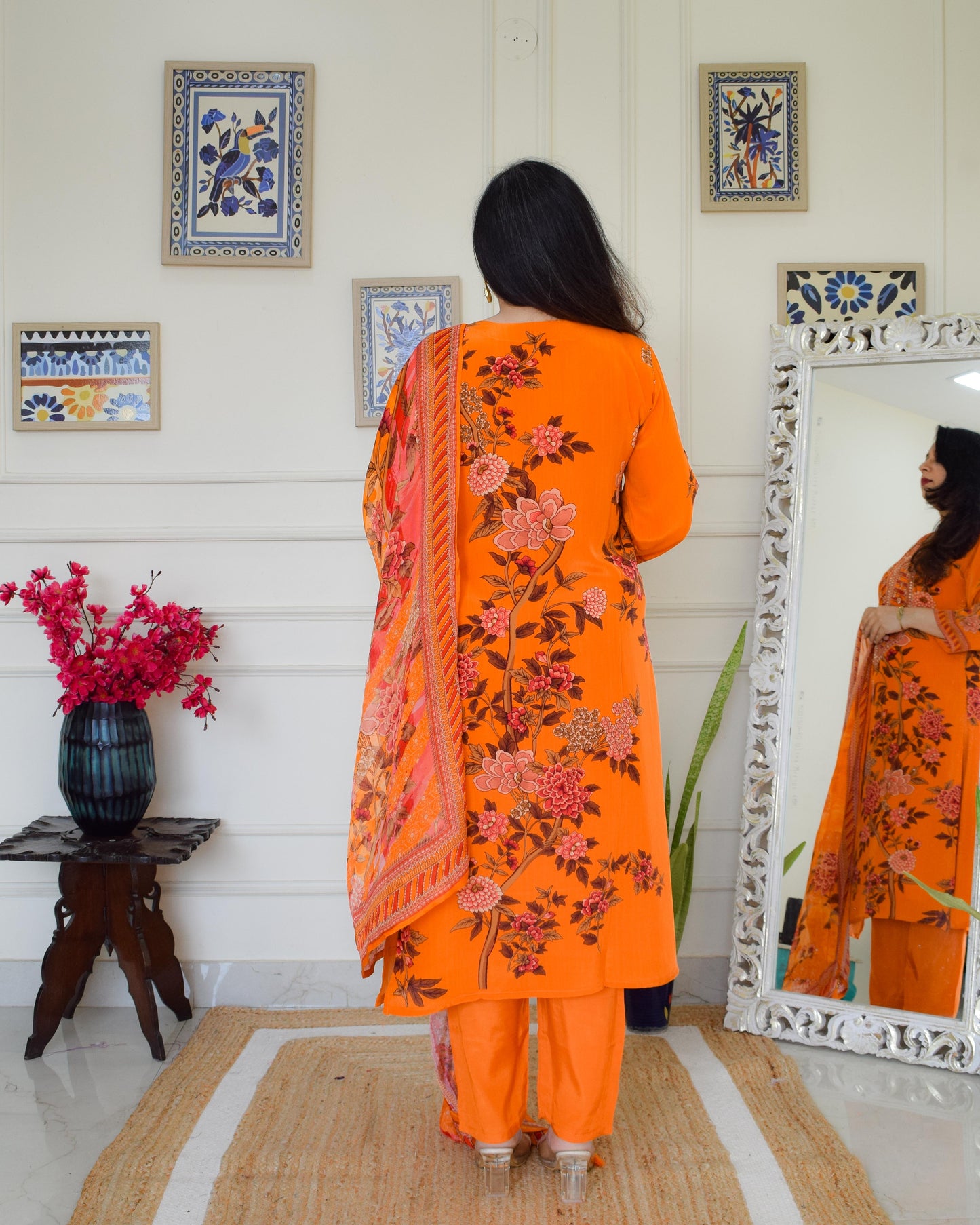 Designer Pure Crepe Suit Set- Orange