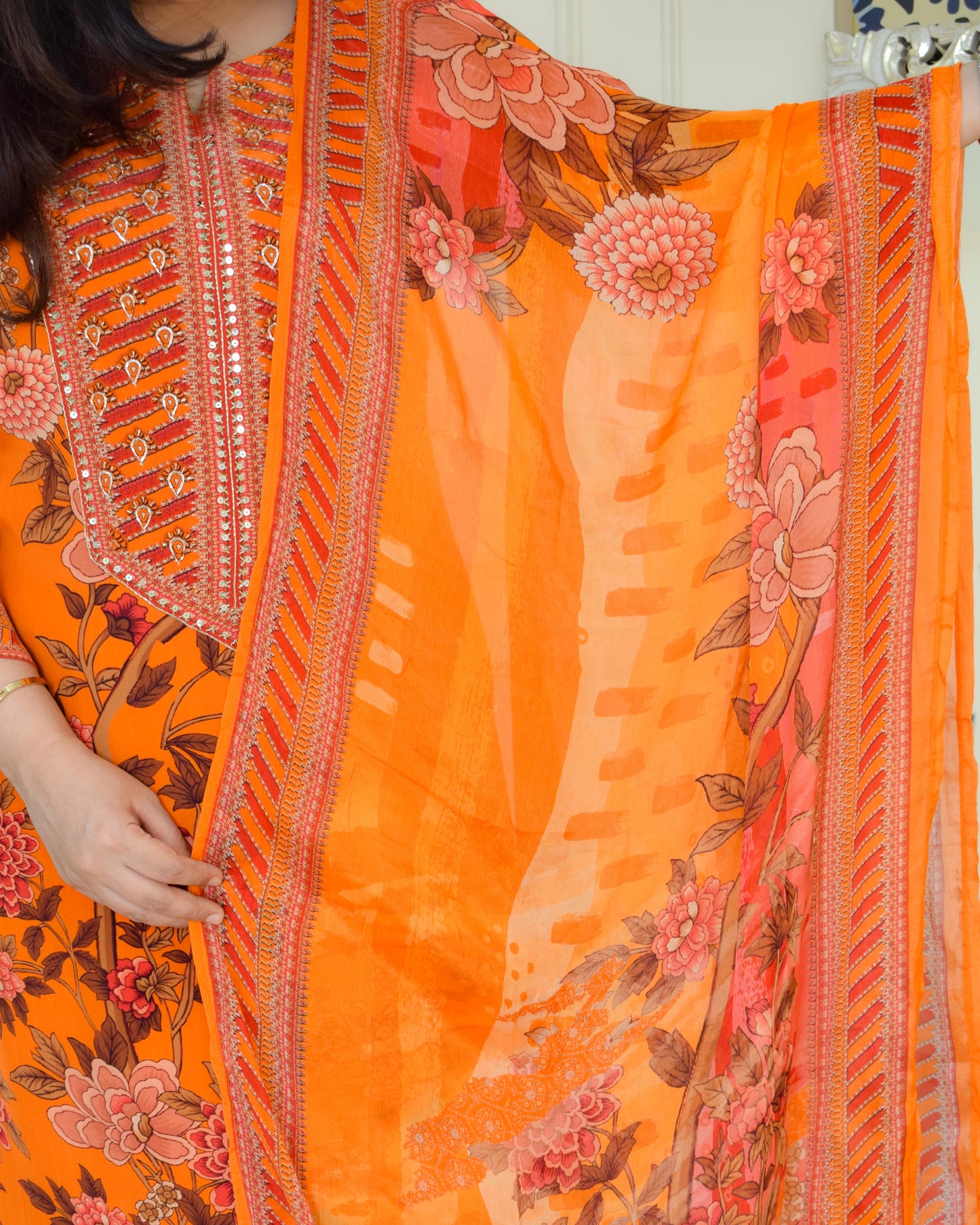 Designer Pure Crepe Suit Set- Orange