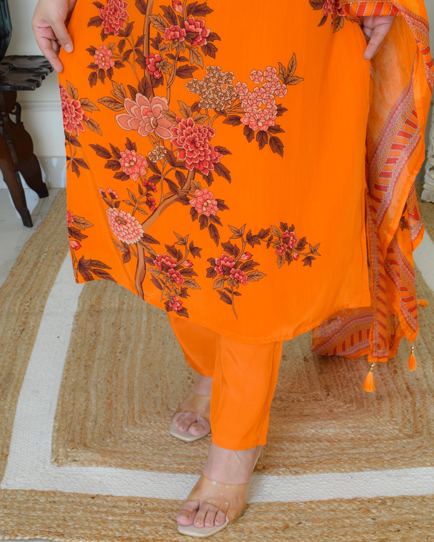 Designer Pure Crepe Suit Set- Orange