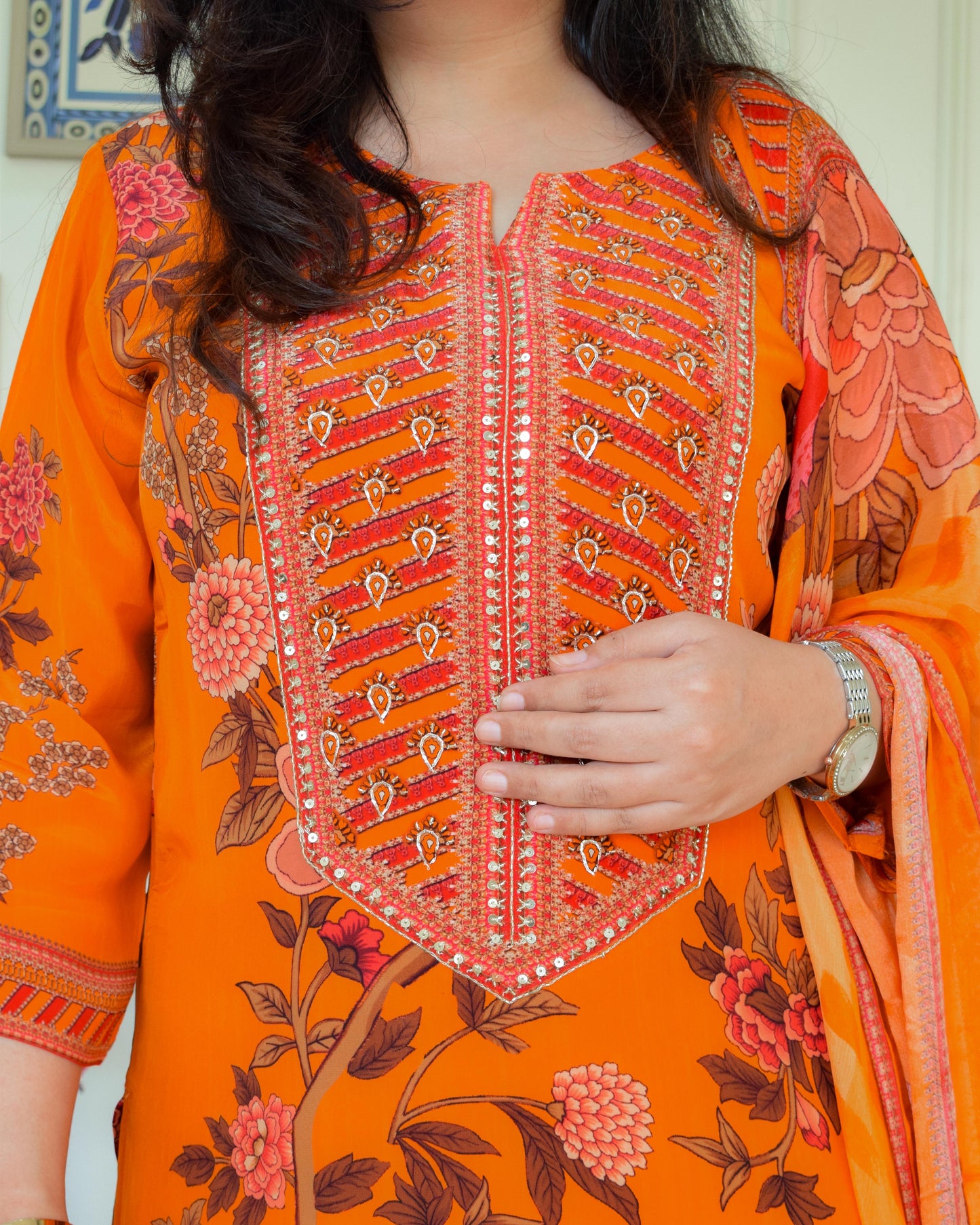 Designer Pure Crepe Suit Set- Orange