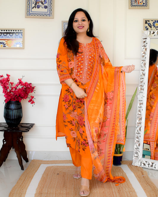 Designer Pure Crepe Suit Set- Orange