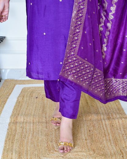 Pure Dola Silk Hand Embroidered Suit set- Purple