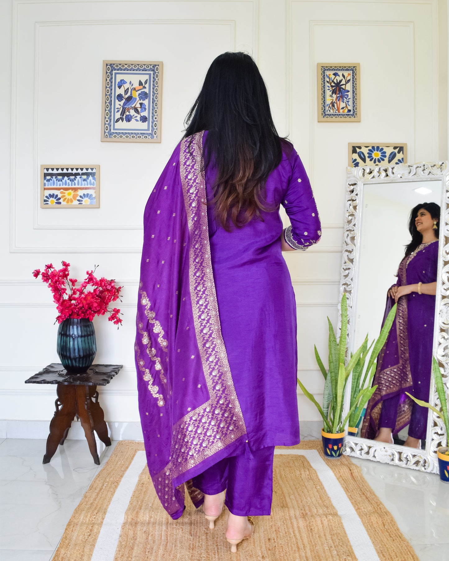 Pure Dola Silk Hand Embroidered Suit set- Purple