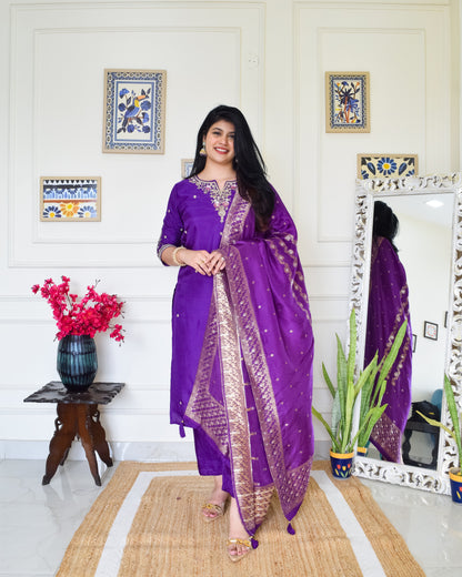 Pure Dola Silk Hand Embroidered Suit set- Purple