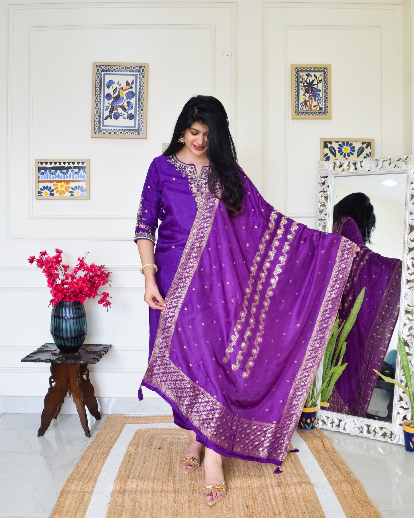 Pure Dola Silk Hand Embroidered Suit set- Purple