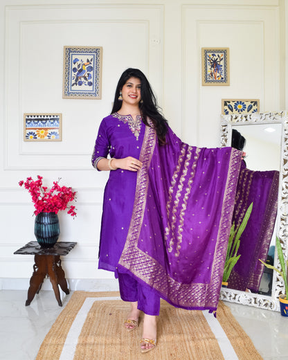 Pure Dola Silk Hand Embroidered Suit set- Purple