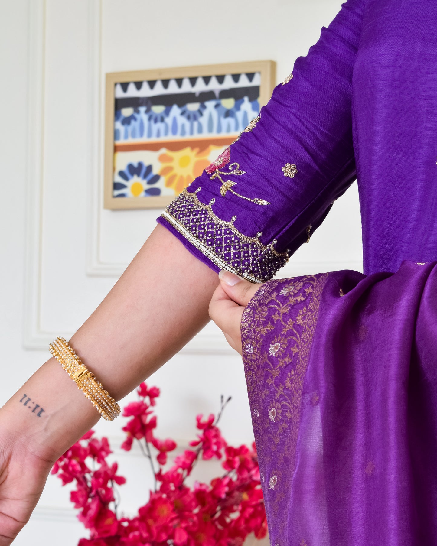 Pure Dola Silk Hand Embroidered Suit set- Purple