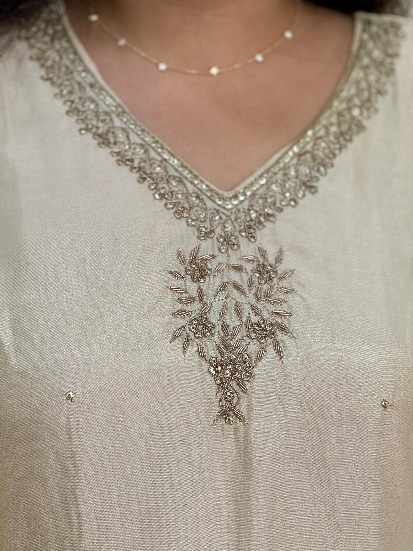 Silk hand Embroidered Suit Set with Banarasi Dupatta-Cream & Lavender