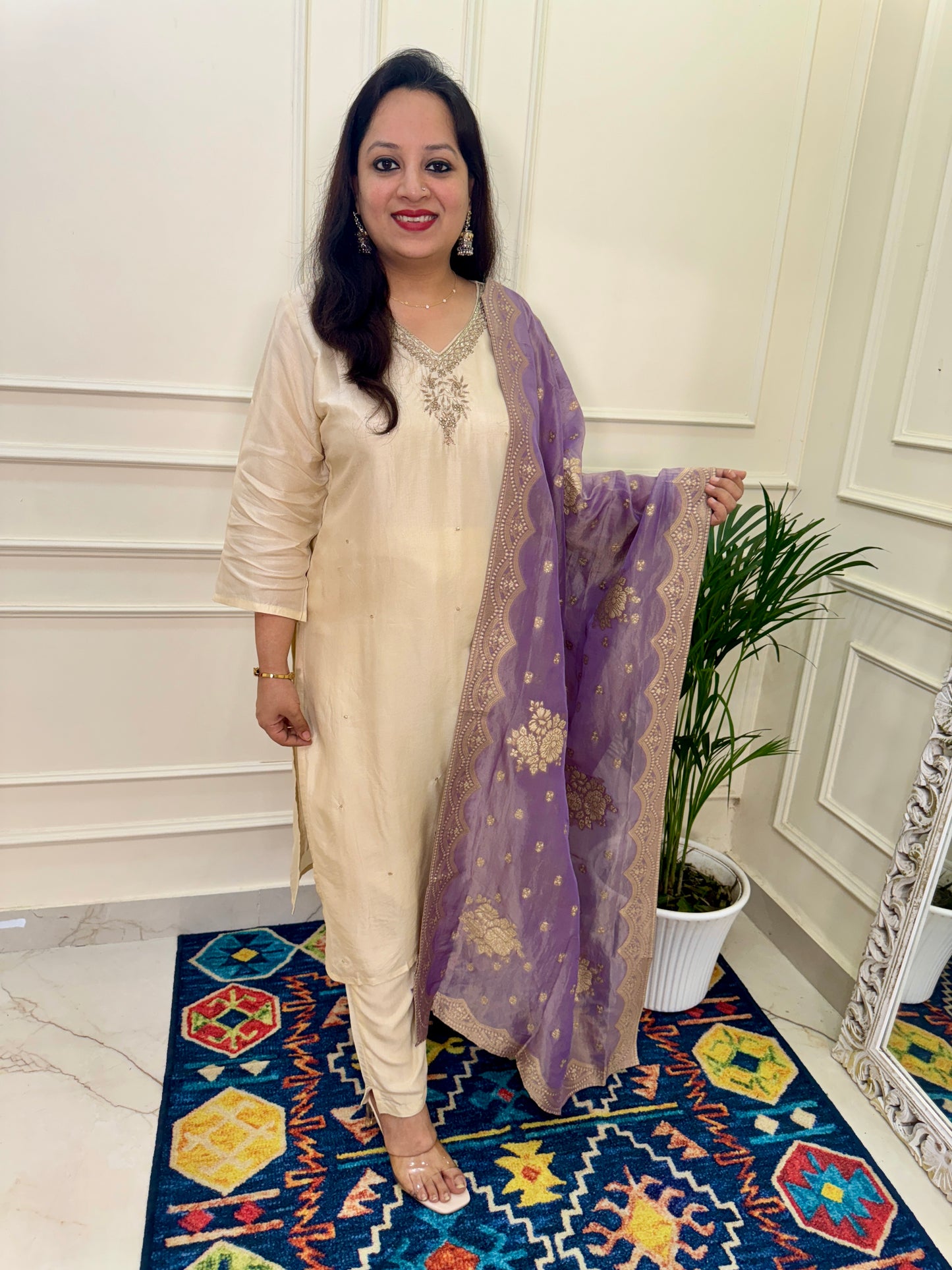 Silk hand Embroidered Suit Set with Banarasi Dupatta-Cream & Lavender