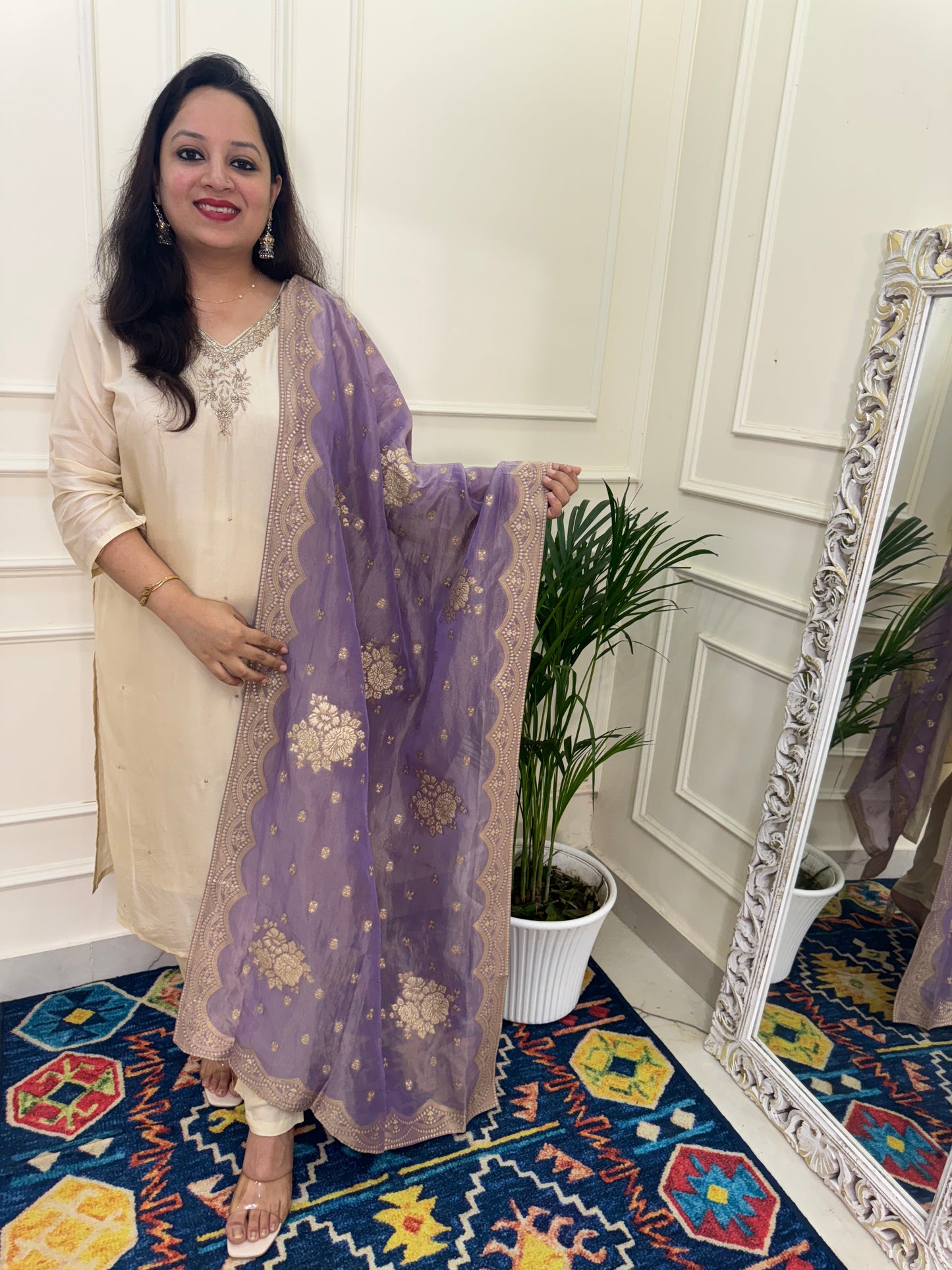 Silk hand Embroidered Suit Set with Banarasi Dupatta-Cream & Lavender