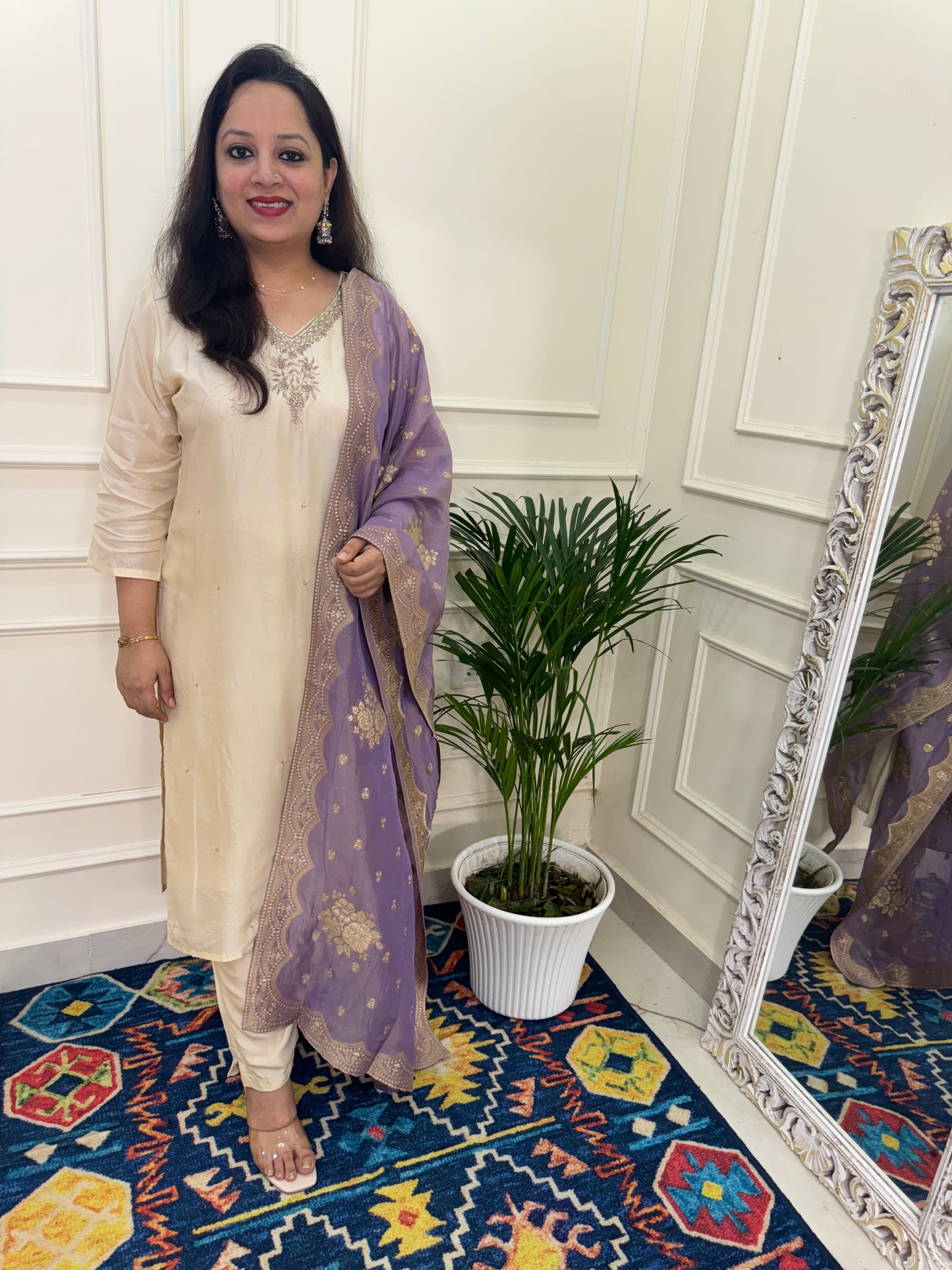 Silk hand Embroidered Suit Set with Banarasi Dupatta-Cream & Lavender