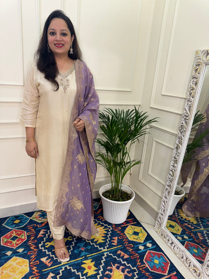Silk hand Embroidered Suit Set with Banarasi Dupatta-Cream & Lavender