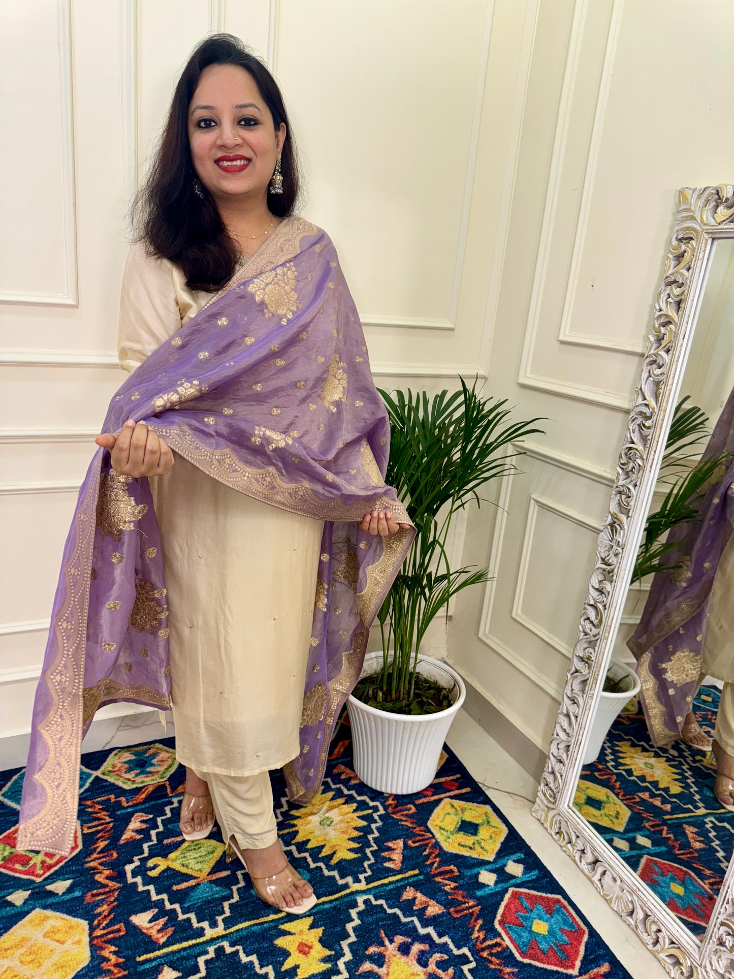 Silk hand Embroidered Suit Set with Banarasi Dupatta-Cream & Lavender