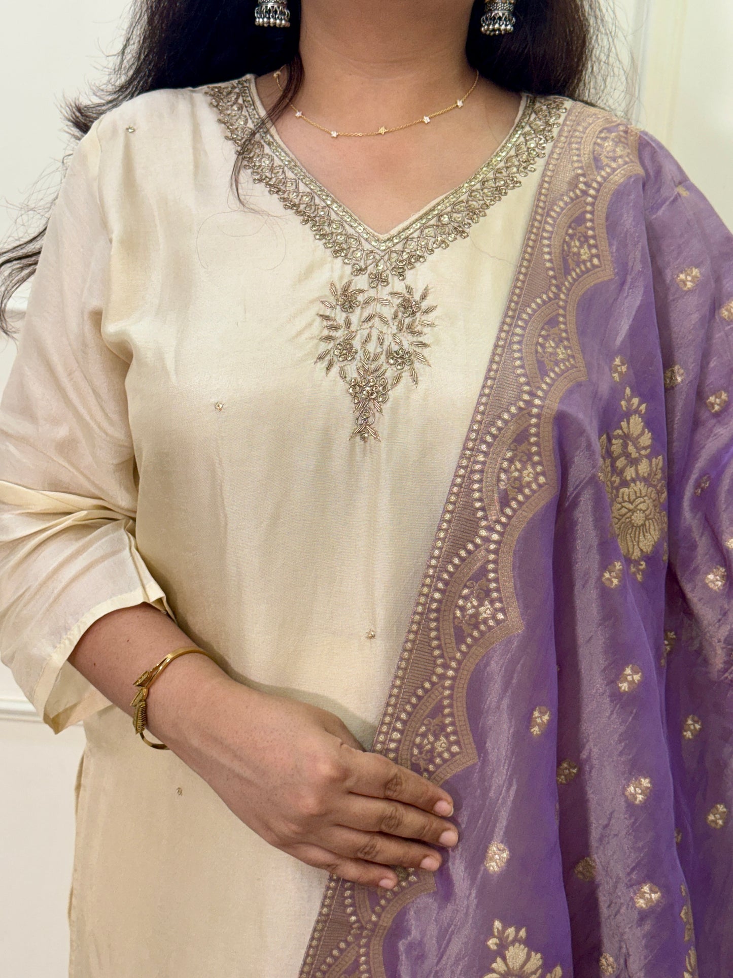 Silk hand Embroidered Suit Set with Banarasi Dupatta-Cream & Lavender