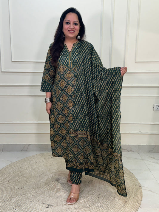 Noorie Ajrakh 3 piece premium Cotton Suit Set- Green