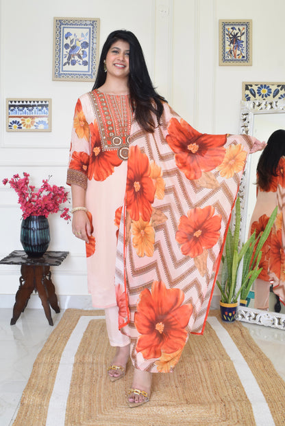 Floral Print Pure Crepe Suit Set- Orange