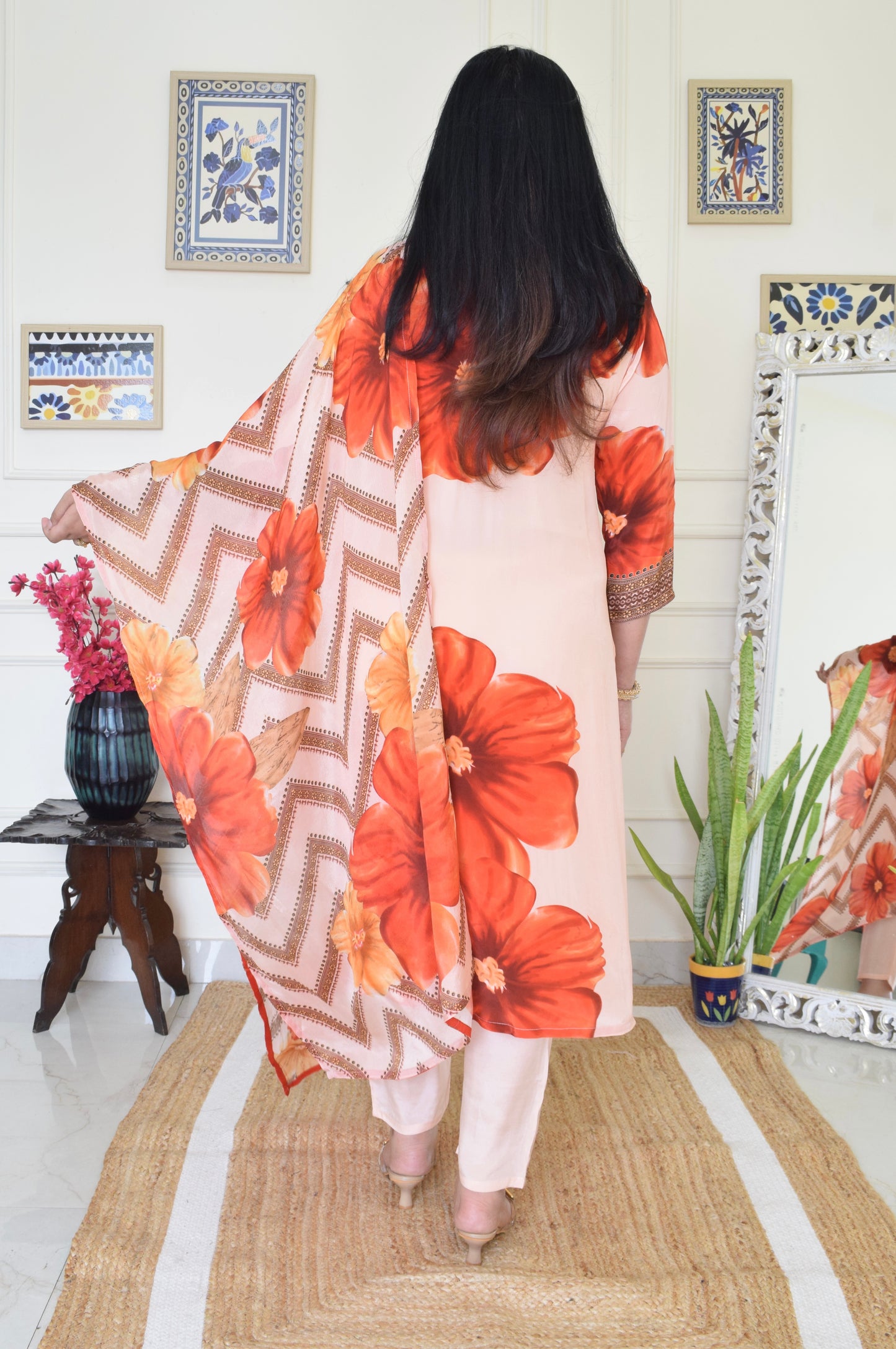 Floral Print Pure Crepe Suit Set- Orange