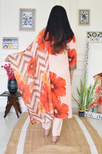 Floral Print Pure Crepe Suit Set- Orange