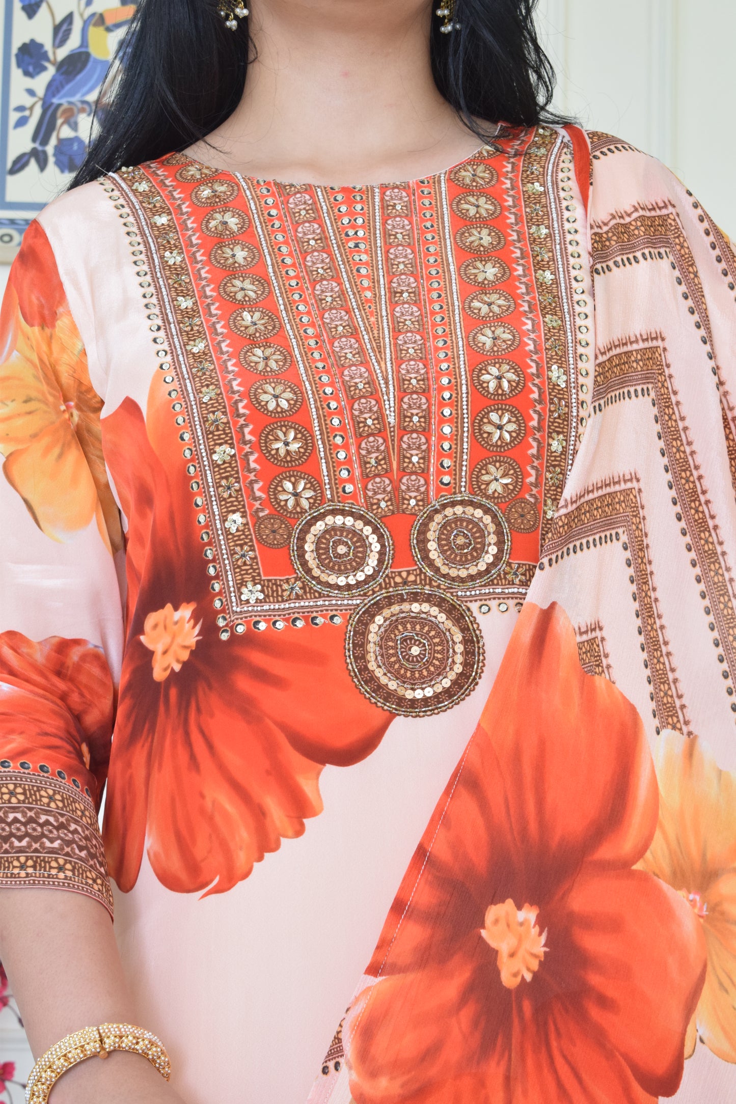 Floral Print Pure Crepe Suit Set- Orange