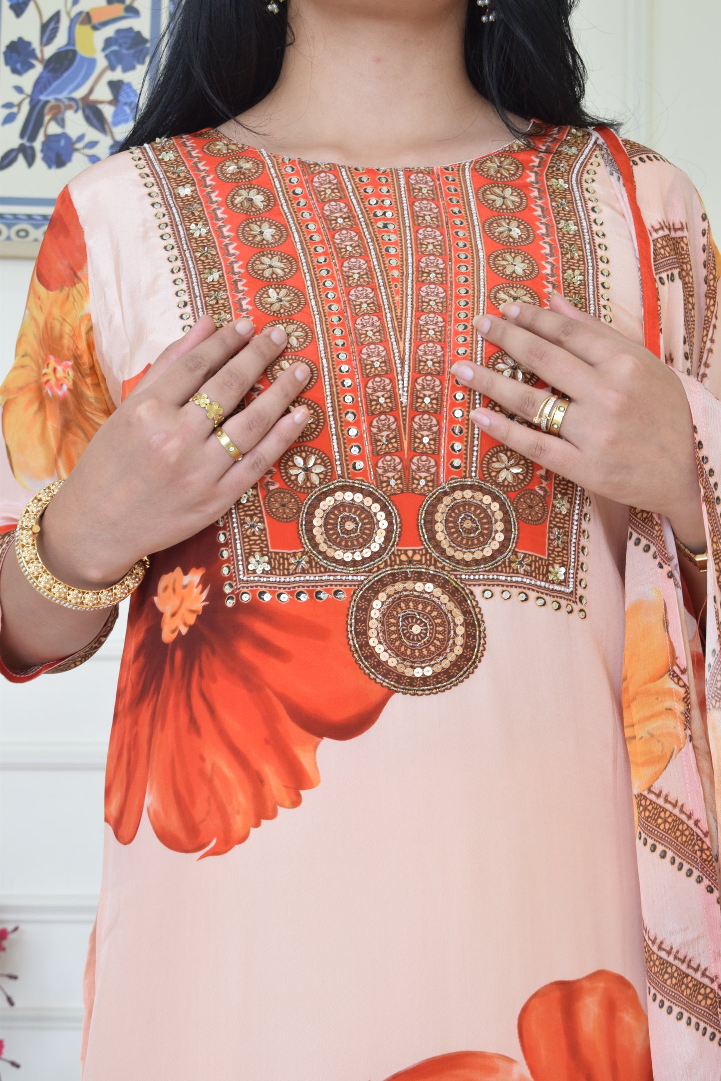 Floral Print Pure Crepe Suit Set- Orange