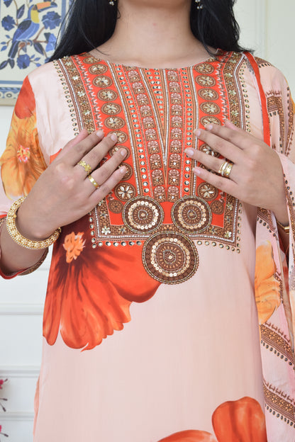 Floral Print Pure Crepe Suit Set- Orange