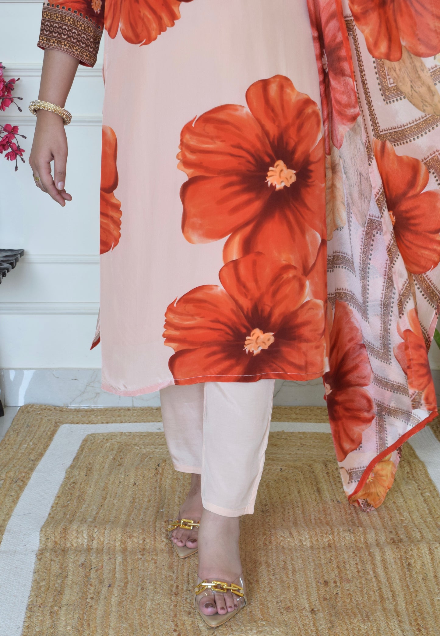 Floral Print Pure Crepe Suit Set- Orange