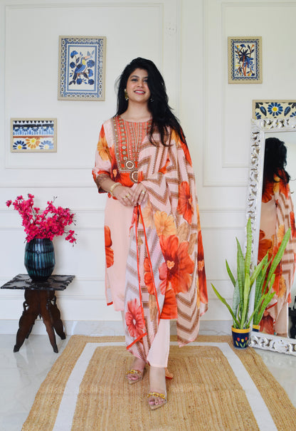 Floral Print Pure Crepe Suit Set- Orange