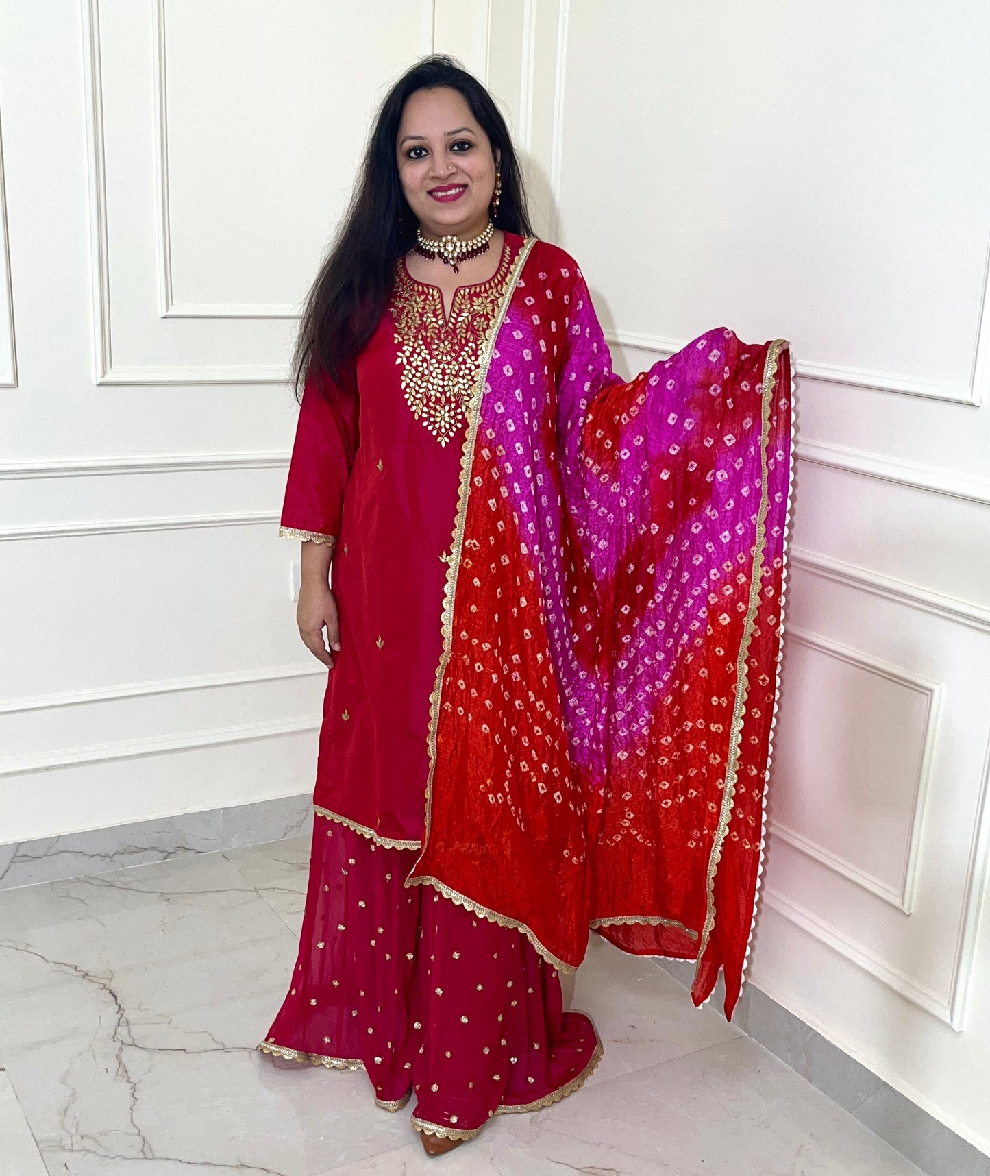 Beautiful Hand Embroidered Gota Work Sharara Suit in Pink Colour