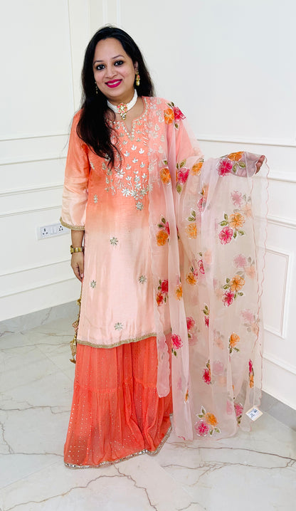 Pure Dola Silk Ombre Dyed Hand Embroidered Sharara Suit in Peach Colour.