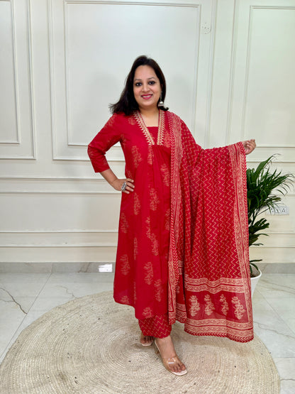 A Line Pattern Khadi Print Suit Set with Palazzo-Red colour
