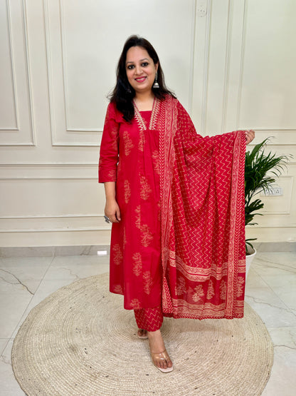 A Line Pattern Khadi Print Suit Set with Palazzo-Red colour