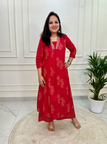 A Line Pattern Khadi Print Suit Set with Palazzo-Red colour