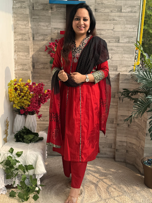 Siya Aline 3 piece premium Cotton Suit Set- Red
