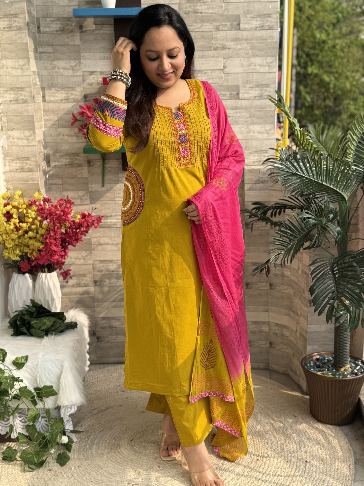 Ria Pocket 3 piece premium Cotton Suit Set- Mustard