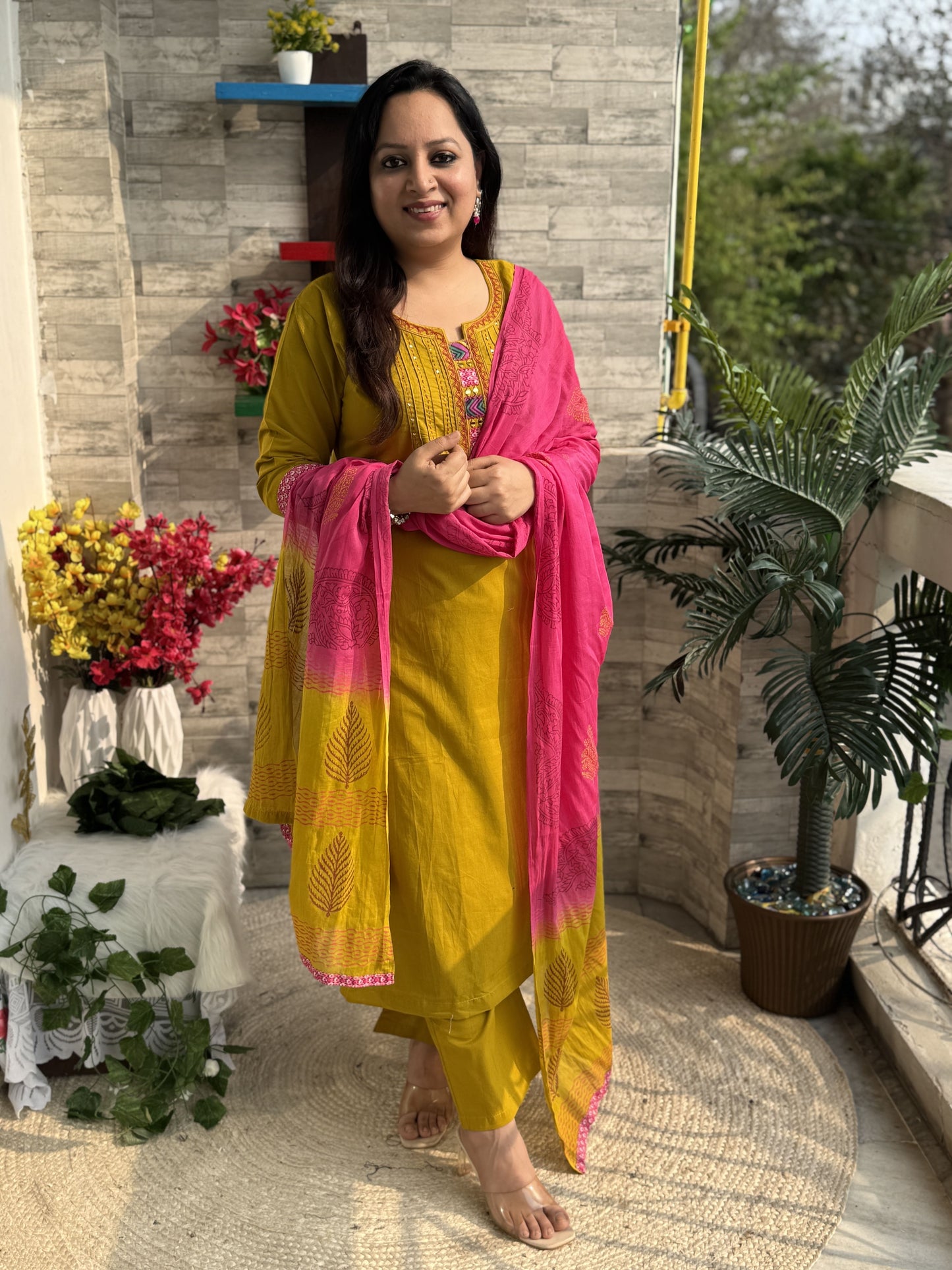 Ria Pocket 3 piece premium Cotton Suit Set- Mustard