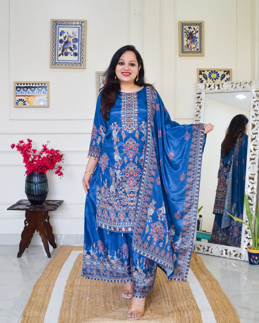 Palazzo Digital Print Crepe Suit Set- Teal