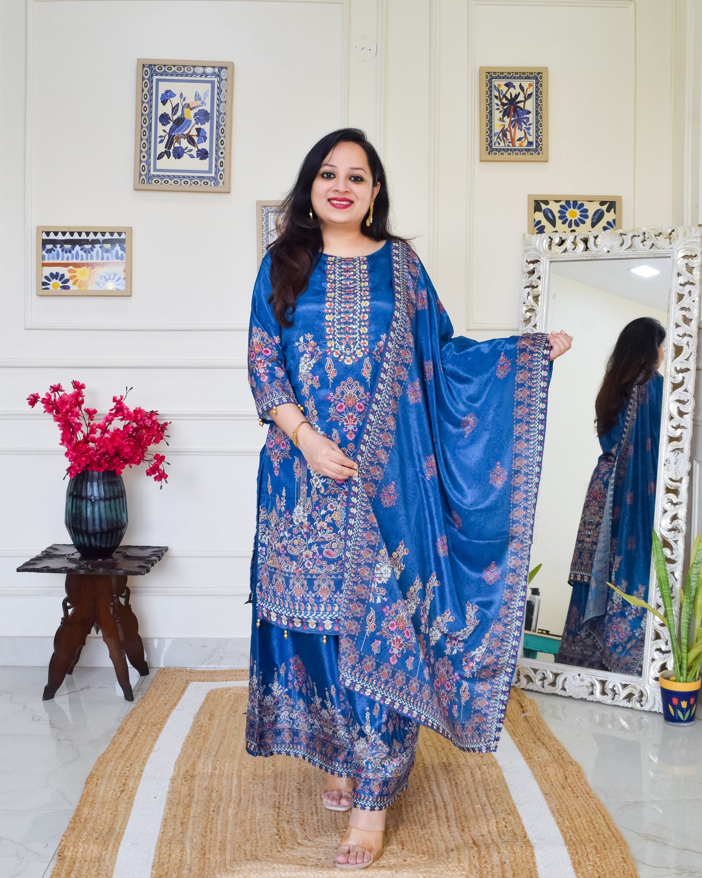 Palazzo Digital Print Crepe Suit Set- Teal