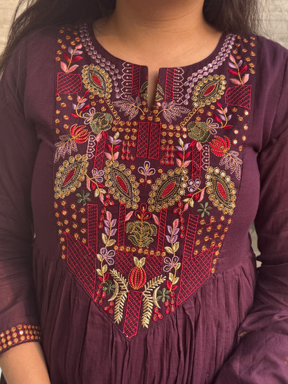 Mira Wine Mul Anarkali Suit set- Wine Colour