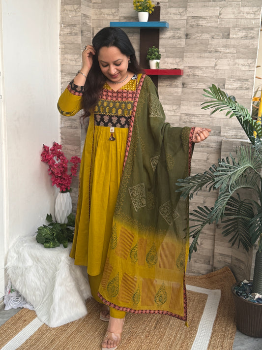 Multi Yellow Mustard Aline 3 piece premium Cotton Suit Set- Mustard
