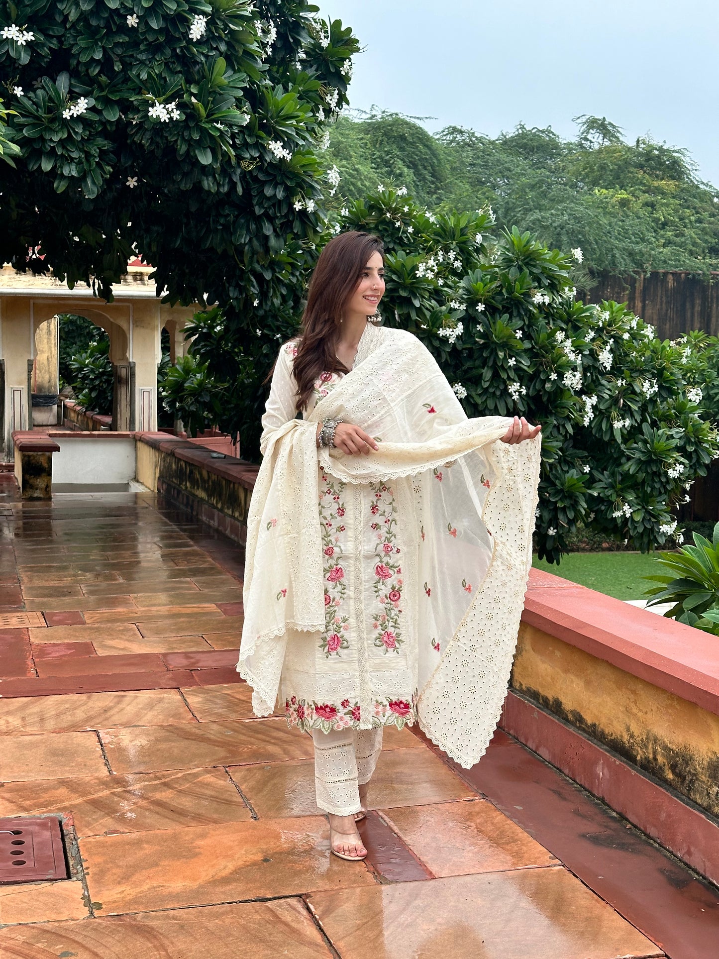 White Cotton hakoba Multi Colour Embroidery teamed up with a cotton dupatta and pants.