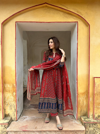 Ajrakh Anarkali Suit set-Red Colour