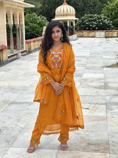 Viscose Organza Embroidered Suit Set-Mustard Colour