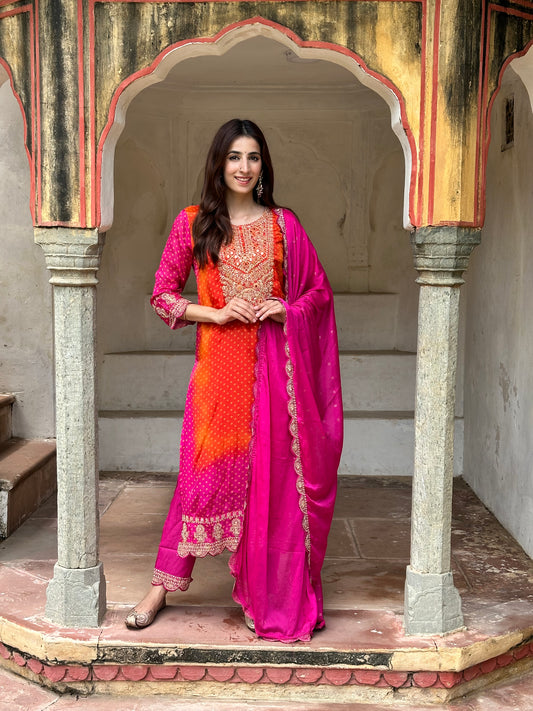 Pink Flat Chinnon Chiffon Bandhani Suit with heavy Embroidery Yoke