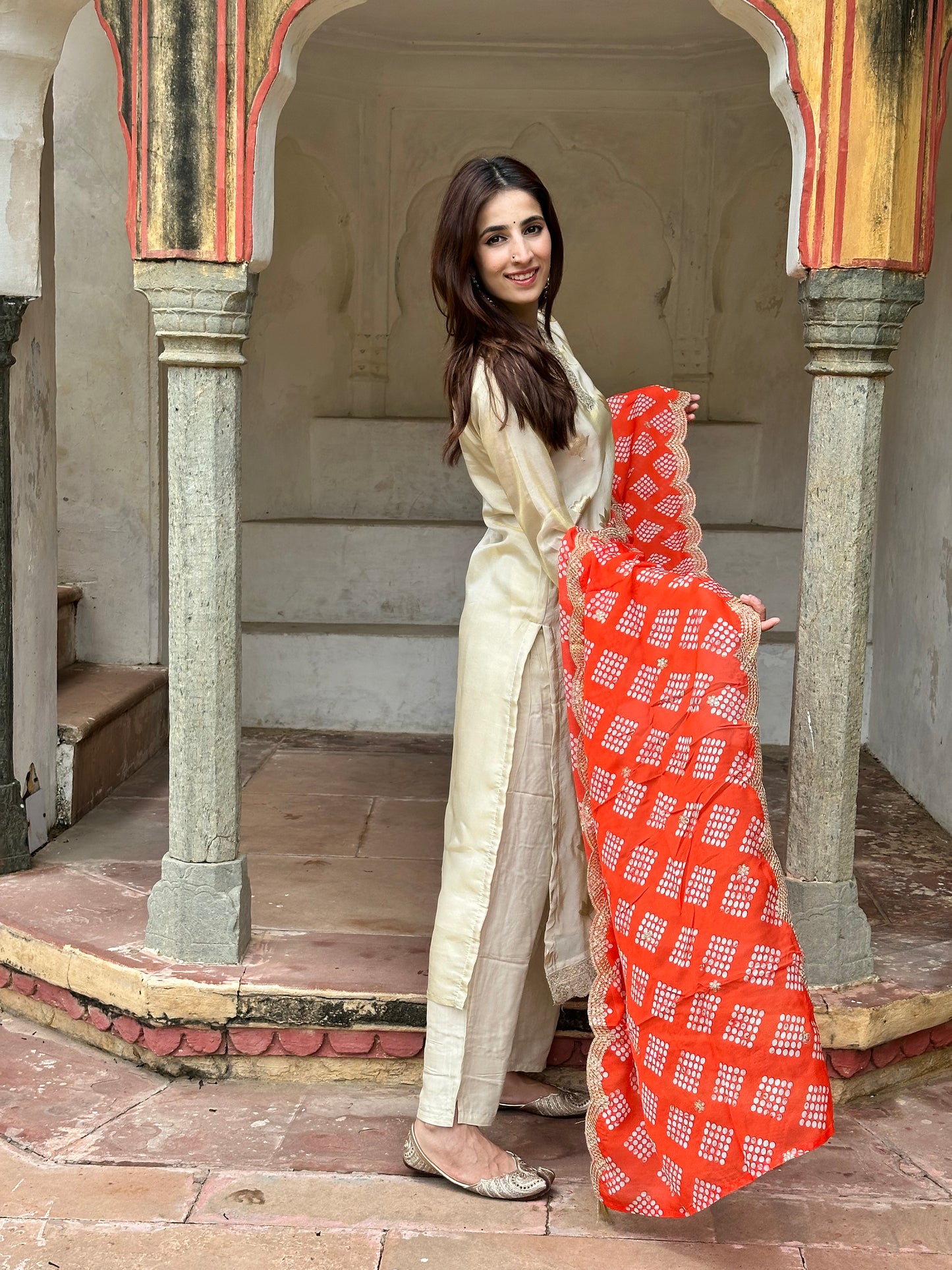 Viscose Organza Off White Banarasi Weave Kurta with Bandhani Dup