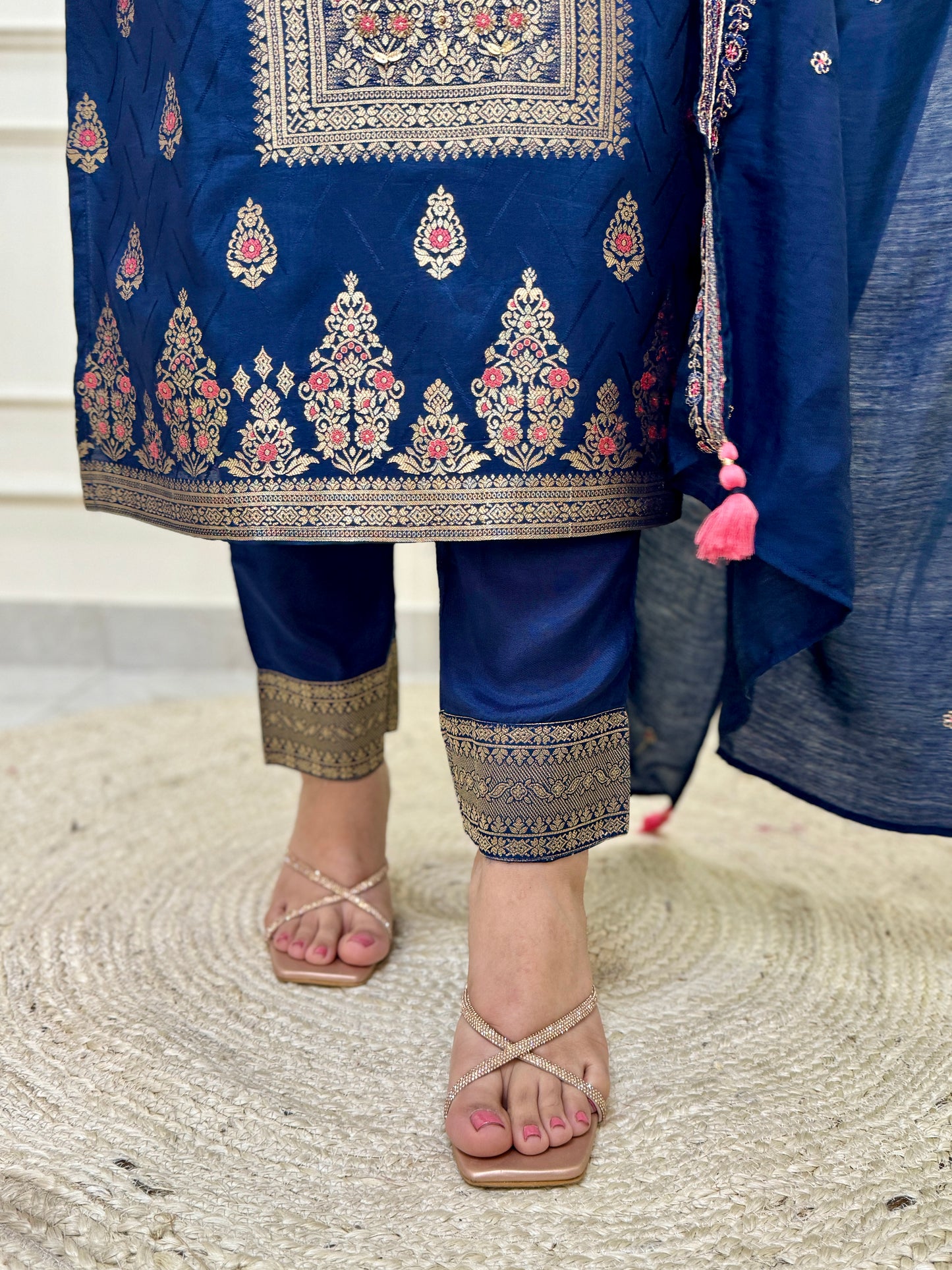 Silk Zari Jacqaurd Suit Set- Navy Blue Colour